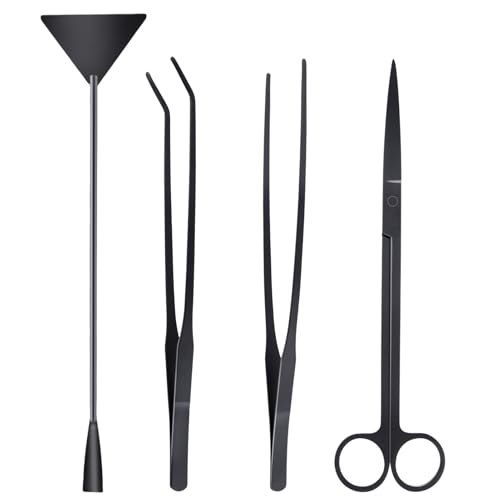 LEONTOOL Werkzeugset für Aquarien, 4 Stück, Rostschutz, Wasserpflanzen, Aquascaping-Werkzeug, Edelstahl, Schwarz, lange Zangen, Schere, Algenschere, für Terrarium, Versorgung, Trimming von LEONTOOL