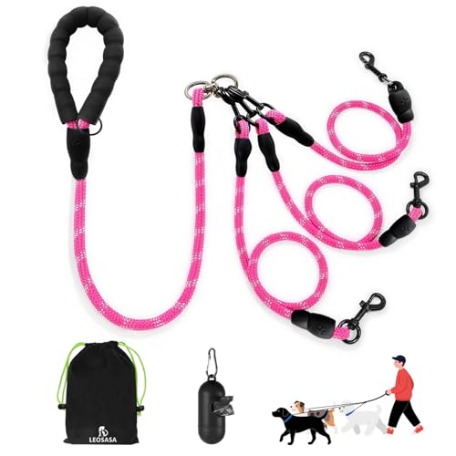 LEOSASA 3 Hundeleine, kein Verheddern, Hauptleine mit gepolstertem Griff, drei abnehmbare Leinenspalter, robuster Clip, 1,5 m für Spaziergänge, Laufen, kleine, mittelgroße und große Hunde (Rosa) von LEOSASA