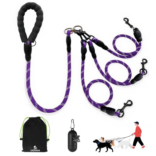 LEOSASA 3 Hundeleine, kein Verheddern, Hauptleine mit gepolstertem Griff, drei abnehmbare Leinenspalter, robuster Clip, 1,5 m für Spaziergänge, Laufen, kleine, mittelgroße und große Hunde (lila) von LEOSASA
