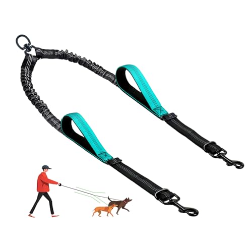 LEOSASA Doppelte Hundeleine – kein Verheddern für zwei Hunde, Kupplung mit verstellbarem langem Leinenseil, doppelte Kontrollgriffe, einziehbarer Bungee-Zug, klein, mittel, groß, 2 Haustiere (blau) von LEOSASA