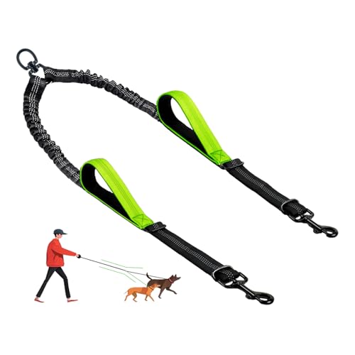 LEOSASA Doppelte Hundeleine – kein Verheddern für zwei Hunde, Kupplung mit verstellbarem langem Leinenseil, doppelte Kontrollgriffe, einziehbarer Bungee-Zug, klein, mittel, groß, 2 Haustiere (grün) von LEOSASA