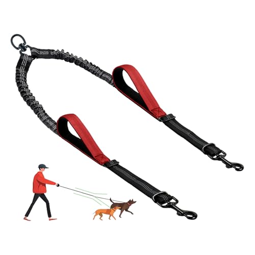 LEOSASA Doppelte Hundeleine – kein Verheddern für zwei Hunde, Kupplung mit verstellbarem langem Leinenseil, doppelte Kontrollgriffe, einziehbarer Bungee-Zug, klein, mittel, groß, 2 Haustiere (rot) von LEOSASA