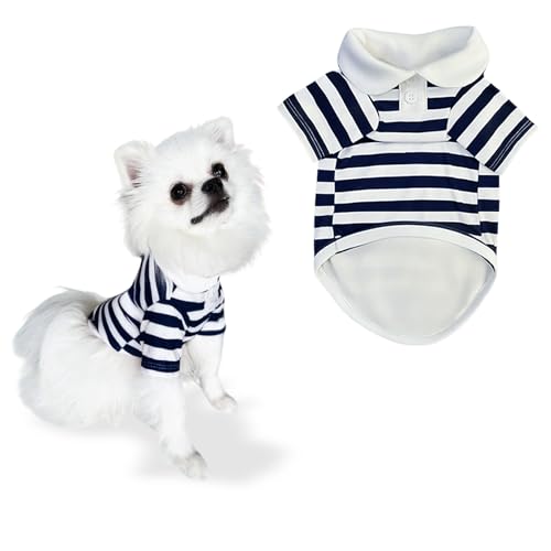 LEOSASA Niedliche Hundekleidung für Jungen – Sommer-Polo-T-Shirts mit gestreiftem Kragen, weiche Outfits für kleine Hunde, Ropa para Perros, Marineblau, Größe S (3 - 5 kg) von LEOSASA