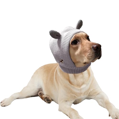 LERTREEUK Haustier-Strickmütze Winter Warme Hundemütze Balaclava Thermokopfbedeckung mit niedlichen Ohren für große Hunde (Grau) von LERTREEUK