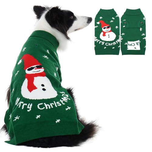 Lustiger Schneemann-Hundepullover – Dicker Strick-Weihnachtspullover für große Hunde, Mädchen, Jungen, warme Urlaubskleidung, Pullover mit Loch für die Leine und Rollkragen für Winterwärme, Grün, XXL von LETSQK
