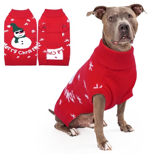 Lustiger Schneemann-Hundepullover – Dicker Strick-Weihnachtspullover für kleine, mittelgroße Hunde, Mädchen, Jungen, warme Urlaubskleidung, Pullover mit Loch für die Leine und Rollkragen für von LETSQK