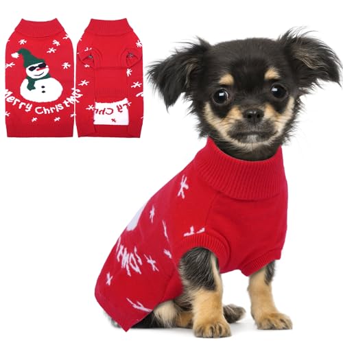 Lustiger Schneemann-Hundepullover – Dicker Strick-Weihnachtspullover für kleine, mittelgroße Hunde, Mädchen, Jungen, warme Urlaubskleidung, Pullover mit Loch für die Leine und Rollkragen für von LETSQK