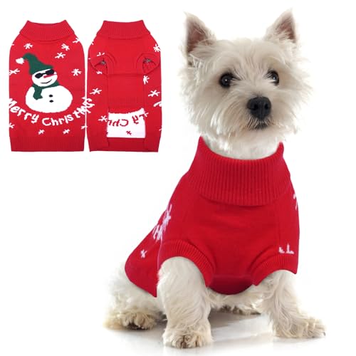 Lustiger Schneemann-Hundepullover – Dicker Strick-Weihnachtspullover für kleine, mittelgroße Hunde, Mädchen, Jungen, warme Urlaubskleidung, Pullover mit Loch für die Leine und Rollkragen für von LETSQK