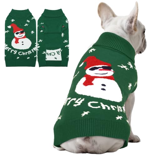 Lustiger Schneemann-Hundepullover – Dicker Strick-Weihnachtspullover für kleine, mittelgroße Hunde, Mädchen, Jungen, warme Urlaubskleidung, Pullover mit Loch für die Leine und Rollkragen für von LETSQK