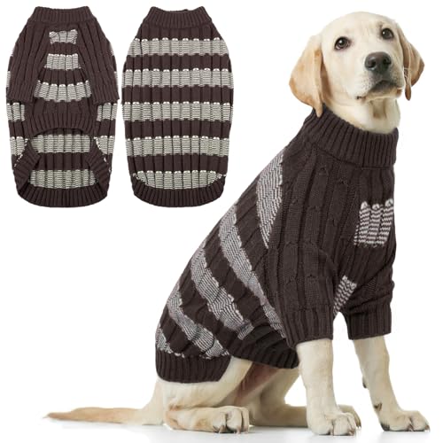 Winter-Hundepullover, warmer Strickpullover mit Loch für Geschirr, dehnbare Kleidung, langärmeliger Pullover für große Hunde, Mädchen und Jungen (14,5–24,5 kg), Braun, Größe XXL von LETSQK