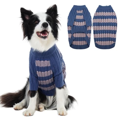 Winter-Hundepullover – Warmer Strickpullover mit Loch für Geschirr, dehnbare Kleidung, langärmeliger Pullover für große Hunde, Mädchen und Jungen (10,4–14,5 kg), Blau, Größe XL von LETSQK