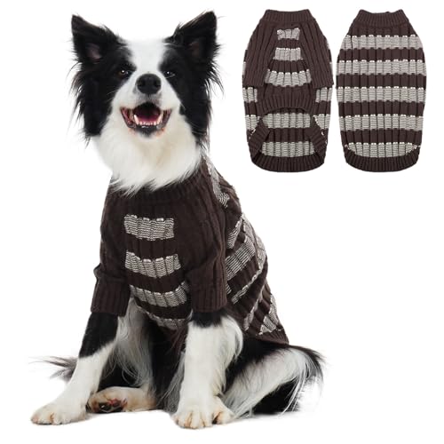 Winter-Hundepullover – Warmer Strickpullover mit Loch für Geschirr, dehnbare Kleidung, langärmeliger Pullover für große Hunde, Mädchen und Jungen (10,4–14,5 kg), Braun, Größe XL von LETSQK