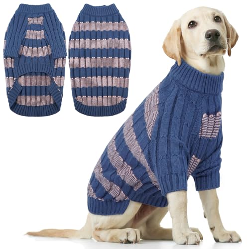 Winter-Hundepullover – Warmer Strickpullover mit Loch für Geschirr, dehnbare Kleidung, langärmeliger Pullover für große Hunde, Mädchen und Jungen (14,5–24,5 kg), Blau, Größe XXL von LETSQK
