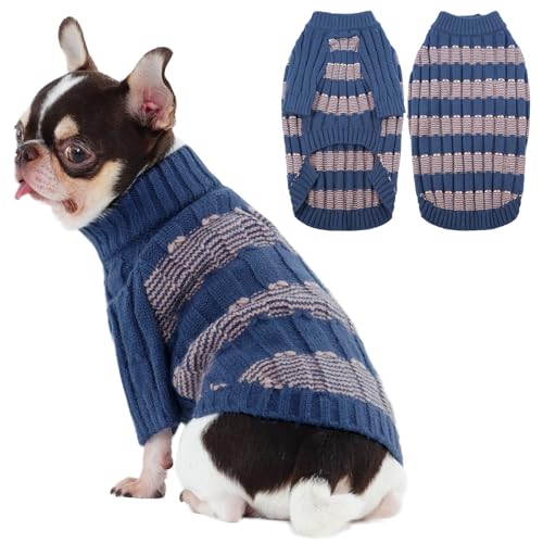 Winter-Hundepullover – Warmer Strickpullover mit Loch für Geschirr, dehnbare Kleidung, langärmeliger Pullover für kleine Hunde, Mädchen und Jungen (0,9–2,7 kg), Blau, Größe XS von LETSQK