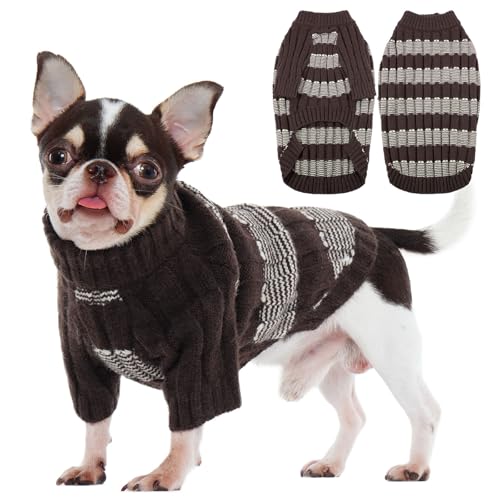 Winter-Hundepullover – Warmer Strickpullover mit Loch für Geschirr, dehnbare Kleidung, langärmeliger Pullover für kleine Hunde, Mädchen und Jungen (0,9–2,7 kg), Braun, Größe XS von LETSQK