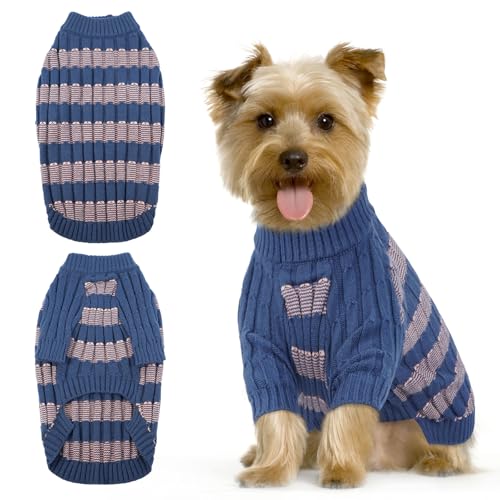 Winter-Hundepullover – Warmer Strickpullover mit Loch für Geschirr, dehnbare Kleidung, langärmeliger Pullover für kleine Hunde, Mädchen und Jungen (2,7–4,5 kg), Blau, Größe S von LETSQK
