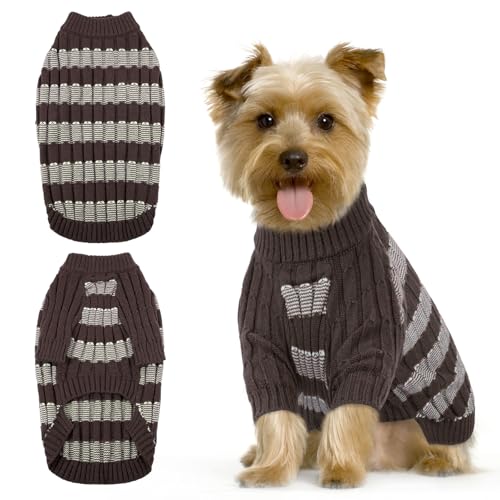 Winter-Hundepullover – Warmer Strickpullover mit Loch für Geschirr, dehnbare Kleidung, langärmeliger Pullover für kleine Hunde, Mädchen und Jungen (2,7–4,5 kg), Braun, Größe S von LETSQK