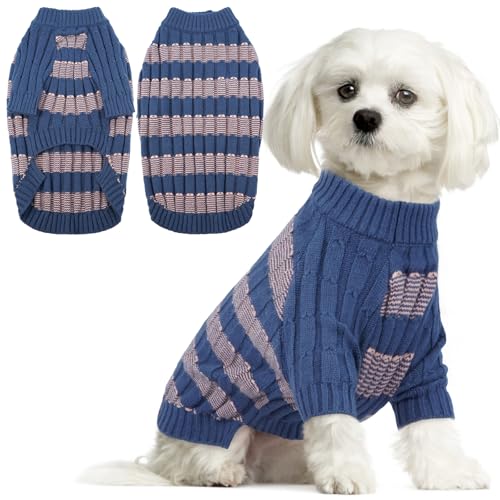 Winter-Hundepullover – Warmer Strickpullover mit Loch für Geschirr, dehnbare Kleidung, langärmeliger Pullover für mittelgroße Hunde, Mädchen und Jungen (4,5–6,8 kg), Blau, Größe M von LETSQK