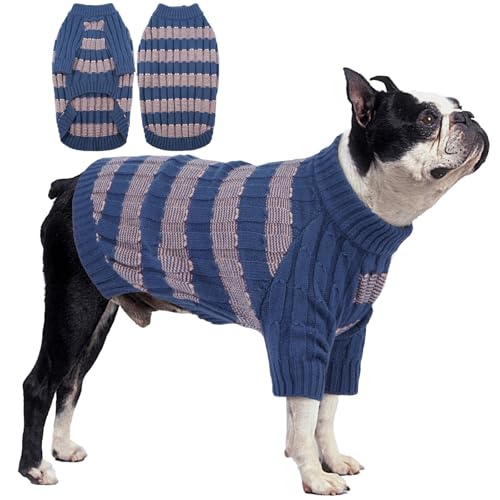 Winter-Hundepullover – warmer Strickpullover mit Loch für Geschirr, dehnbare Kleidung, langärmeliger Pullover für mittelgroße Hunde, Mädchen und Jungen (6,8–10,4 kg), Blau, Größe L von LETSQK