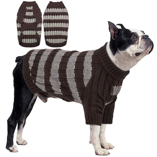 Winter-Hundepullover – warmer Strickpullover mit Loch für Geschirr, dehnbare Kleidung, langärmeliger Pullover für mittelgroße Hunde, Mädchen und Jungen (6,8–10,4 kg), Braun, Größe L von LETSQK