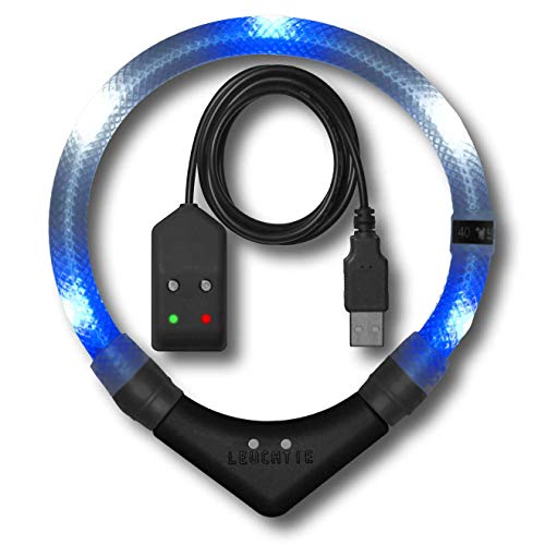 LEUCHTIE® Leuchthalsband Easy Charge blau-weiß Größe 57,5 I LED Halsband für Hunde I USB aufladbar I konstante Leuchtkraft I wasserdicht I extrem hell von LEUCHTIE