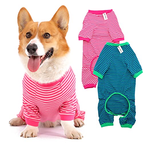 Hunde-Pyjama, Baumwolle, gestreift, Welpen-Jumpsuit, atmungsaktiv, 4 Beine, Basic-Pjs-Shirts für Welpen und Katzen, super weich, dehnbar, für Jungen und Mädchen (Pink + Grün, Medium) von LEVIBASIC