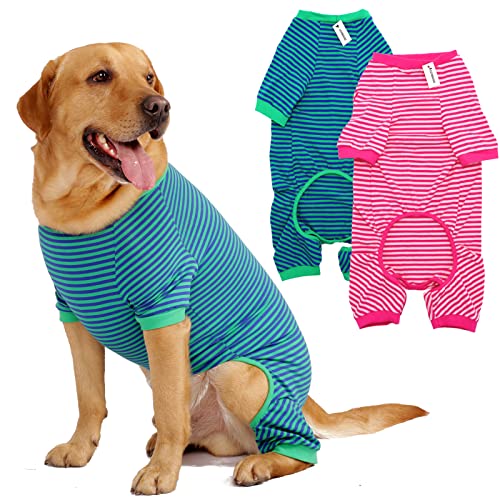 Hunde-Pyjama, Baumwolle, gestreift, Welpen-Jumpsuit, atmungsaktiv, 4 Beine, Basic-Pjs-Shirts für Welpen und Katzen, super weich, dehnbar, für Jungen und Mädchen (Pink + Grün, XX-Large) von LEVIBASIC