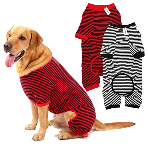 Hunde-Pyjama, Baumwolle, gestreift, Welpen-Jumpsuit, atmungsaktiv, 4 Beine, Basic-Pjs-Shirts für Welpen und Katzen, super weich, dehnbar, für Jungen und Mädchen (schwarz, rot + schwarz, X-Large) von LEVIBASIC