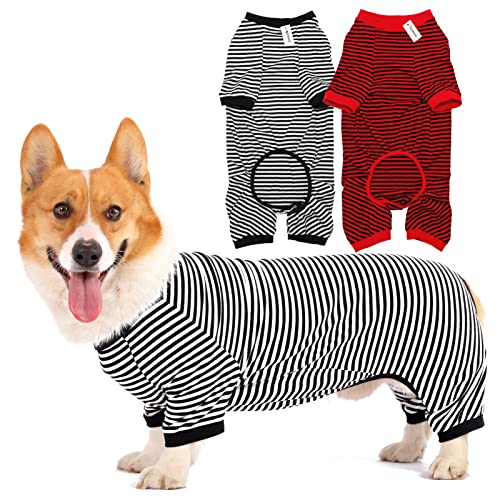 Hunde-Pyjama, Baumwolle, gestreift, Welpen-Jumpsuit, atmungsaktiv, 4 Beine, Basic-Pjs-Shirts für Welpen und Katzen, super weich, dehnbar, für Jungen und Mädchen (schwarz, rot + schwarz, XS) von LEVIBASIC