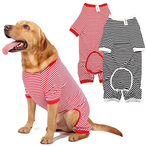Hunde-Pyjama, Baumwolle, gestreift, Welpen-Jumpsuit, atmungsaktiv, 4 Beine, Basic-Pjs-Shirts für Welpen und Katzen, super weich, dehnbar, für Jungen und Mädchen (weiß, rot + schwarz, X-Large) von LEVIBASIC