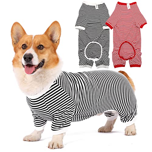 Hunde-Pyjama, Baumwolle, gestreift, Welpen-Jumpsuit, atmungsaktiv, 4 Beine, Basic-Pjs-Shirts für Welpen und Katzen, super weich, dehnbar, für Jungen und Mädchen (weiß, rot + schwarz, XS) von LEVIBASIC