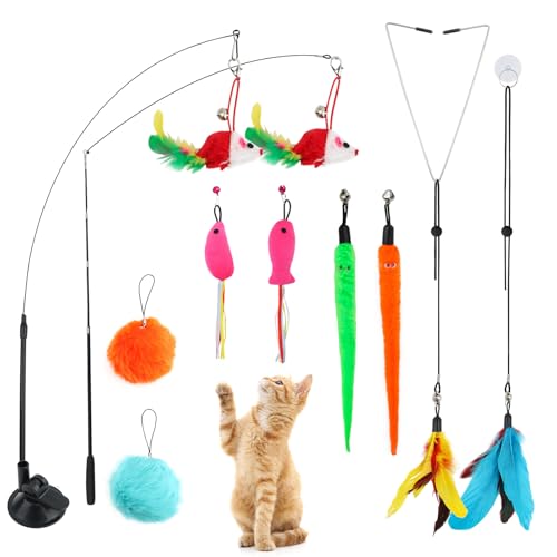 14 Stück Katzen Spielzeug mit1 Saugnäpfen,Katzenangel mit 2 Versenkbare,10 Feder/Bug/Fisch Ersatz mit Glocken,2 Katzenspielzeuge zum Aufhängen an der Tür,Katzenspielzeug Set für Kätzchen und Katzen von LFBEST