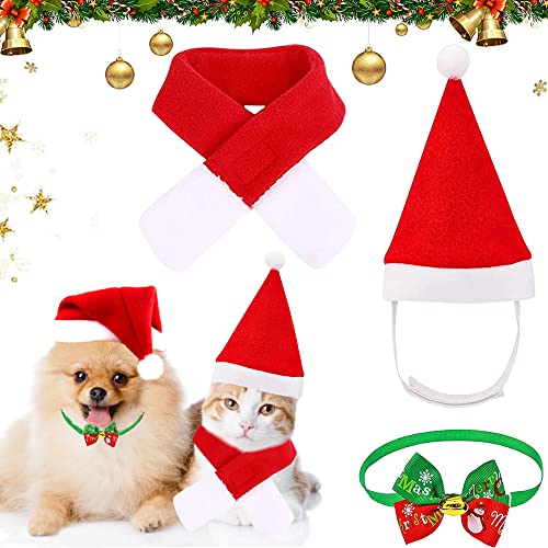 3 Stück Haustier Weihnachtskleidung, Weihnachten Haustier Hut Schal Kragen Fliege, Weihnachten Haustier Hut, Fliege Halsband Halstuch, Hund Weihnachtsmütze, für Kleine Hunde Katzen Haustier von LGZIN