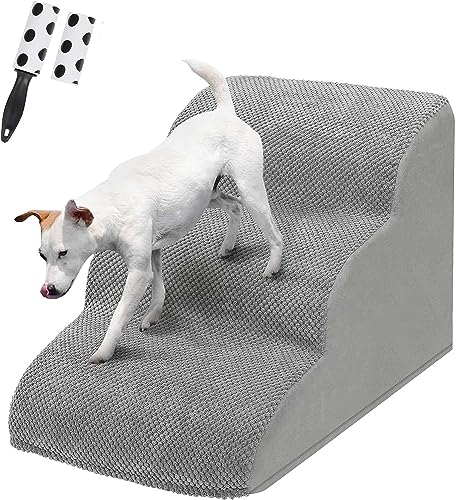 Hundetreppe mit 3 Stufen für Bett und Couch, LIANTRAL Haustiertreppe mit strapazierfähigem hochdichtem Schaumstoff & waschbarer Bezug und Tierhaarentferner-Rolle, reduziert Stress auf Tiergelenke von LIANTRAL
