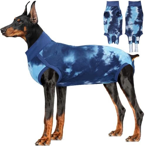 LIANZIMAU Hundebody Nach Op Kastration Rüde Body für Hunde Nach Op Hündin Einteiler Wundschutzanzüge Chirugenanzug Pet Shirts Tie-Dye Blau XL von LIANZIMAU