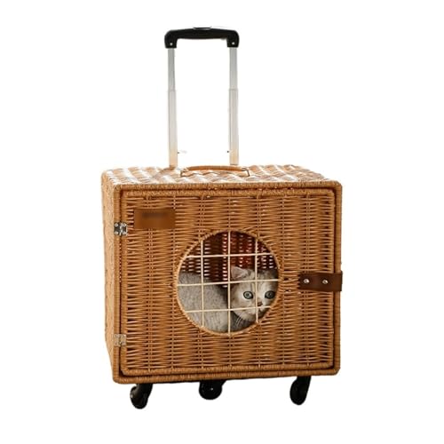 Transportbox für Haustiere auf Rädern Tragbarer Haustier-Trolley for Ausflüge, Haustiergepäck aus Rattanimitat mit Rädern und Matten, Haustier-Reisetransportbox for kleine und mittelgroße Hunde/Katzen von LIBANGRONG-888