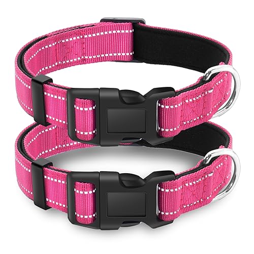 LIEVUIKEN Reflektierendes Hundehalsband mit Sicherheitsschnalle, verstellbar, weich, atmungsaktiv, bequem, Nylon, Haustierhalsband für kleine, mittelgroße und große Hunde, Hotpink, M, 2 Stück von LIEVUIKEN