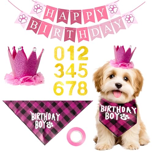 LIEVUIKEN Hunde-Geburtstagsparty-Zubehör, Dandana-Hut mit Zahlen für kleine, mittelgroße und große Hunde, Happy Birthday-Banner für Hunde, Haustier-Outfit, niedliche Party-Dekorationen, Mädchen-Schal von LIEVUIKEN