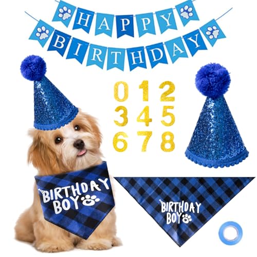LIEVUIKEN Hunde-Geburtstagsparty-Zubehör, Hunde-Geburtstags-Dandana-Hut mit Zahlen für kleine, mittelgroße und große Hunde, Happy Birthday-Banner für Hunde, Haustier-Outfit, niedliche von LIEVUIKEN