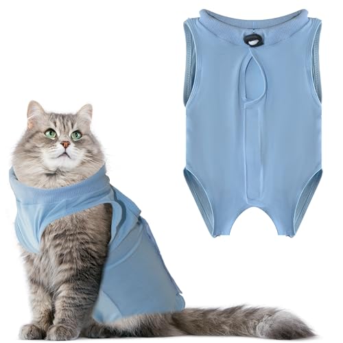 LIEVUIKEN Katzen-Genesungsanzug, Anti-Lecken, Operationsanzug, weibliche Katzen, Kätzchen, Einteiler nach dem Spay, Alternative zu Kegel der Schade, chirurgische Kleidung für Bauchwunden (Blau, M) von LIEVUIKEN
