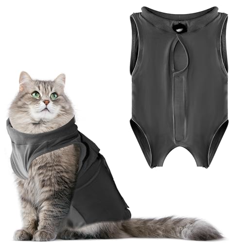 LIEVUIKEN Katzen-Genesungsanzug, Anti-Lecken, Operationsanzug, weibliche Katzen, Kätzchen, Einteiler nach dem Spay, Alternative zu Kegel der Schade, chirurgische Kleidung für Bauchwunden (Grau, S) von LIEVUIKEN