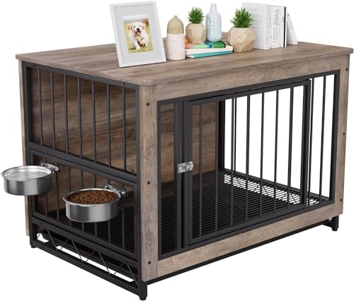 Hundekäfig für Zuhause, Holz Hundebox, 93x64x58cm, Hundehütte mit 2 Hundenäpfe und Tür, Hundehaus für Drinnen mit Abnehmbares Tablett, Hundebox für Mittelgroße Kleine Hunde bis zu 40kg, Grau Hundekäfig für Zuhause, Holz Hundebox, 93x64x58cm, Hundehütte mit 2 Hundenäpfe und Tür, Hundehaus für Drinnen mit Abnehmbares Tablett, Hundebox für Mittelgroße Kleine Hunde bis zu 40kg, Grau von LIFERUN