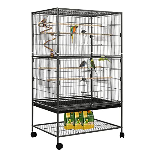 Vogelkäfig groß, Vogelkäfig aus Metall, Vogelbauer mit 4 Rollen, Wellensittich käfig mit Futternapf, Käfigspielzeug, Spring-Schaukel für Vogel mit 2 Türen 4 Holzstangen, 132 x 78 x 52 cm von LIFERUN