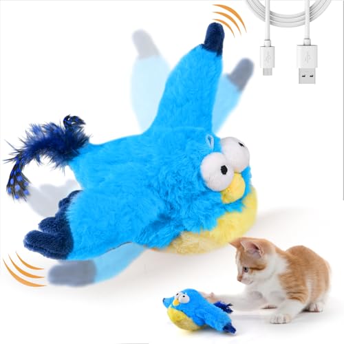 LIFLIX Interaktives Katzenspielzeug, Flattern der Flügel (fliegt Nicht) und zwitschernder Vogel Spielzeug, Katzenminze Spielzeug Spatzen für Katzen, Wiederaufladbar, Blauer Vogel von LIFLIX