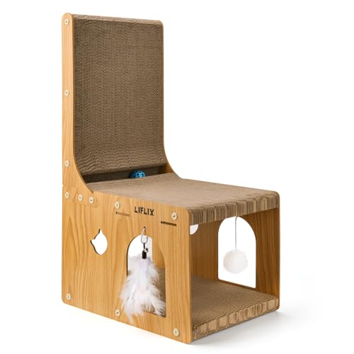 LIFLIX L-förmiges Doppelschicht Kratzbrett für Katzen, 67cm Kratzpappe mit Katzenhaus zum Kratzen Verstecken und Spielen, Kratzbrett mit Kazenspielzeug für Wand und Ecke als Möbelschutz von LIFLIX