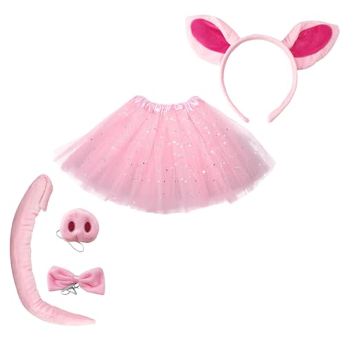 LIGIGWASH Niedliches Schweine Kostüm für Schweineohren Stirnband Schweinenase Schleife Tüllrock und Verstellbarem Klettschweif für Tierpartys Bühnenauftritte und Karneval von LIGIGWASH