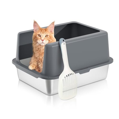 Katzentoilette aus Edelstahl, abgedeckte Metall-Katzentoilette, Katzentoiletten mit hohen Seiten, Katzentoiletten für Indoor-Katzen (nicht klebrig, leicht zu reinigen, Anti-Urinleckage), 44,5 cm L x von LIHONG
