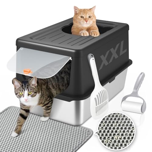 Katzentoilette aus Edelstahl mit Deckel, extra große Katzentoilette mit hohen Seiten, Kitty Katzentoilette Enclosure, Top Entry Katzentoilette extra groß mit Streuschaufel & Katzentoilette, von LIHONG