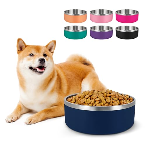 LIHONG Hundenäpfe Edelstahl für Futter und Wasser,rutschfest Hundeschüssel mit Gummiunterseite für mittelgroße und große Hunde(1,2 l,Blau) von LIHONG