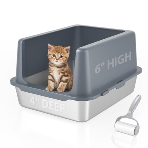 LIHOOOOM Katzenklo Edelstahl mit Deckel, katzentoilette XXL, katzenklo XXL große Katzen, 25 cm katzenklo hohem Rand, katzenklo offene, extra große Katzentoilette mit grauem Deckel, Leichtes Reinigen von LIHOOOOM